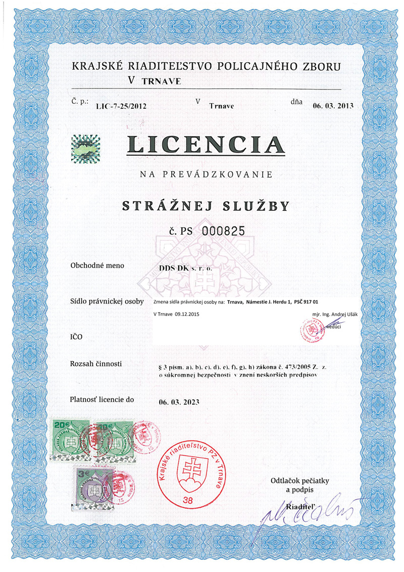 Licencia - strážna služba